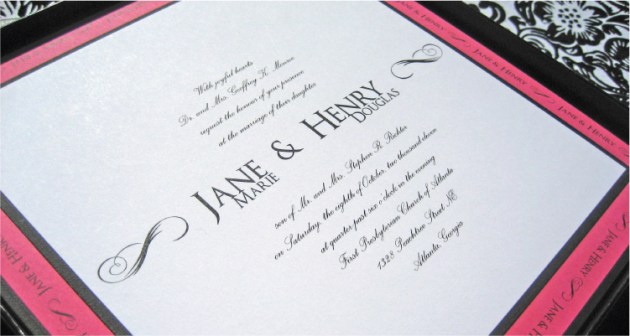 black_fuchsia_invite_box3 Black and fuchsia square wedding invitation in slimline mailing box