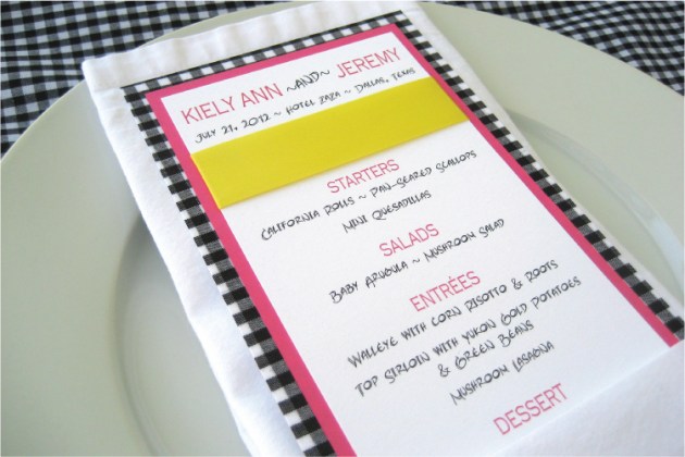 Gingham_menu Gingham place-setting menu in black, hot pink, and yellow