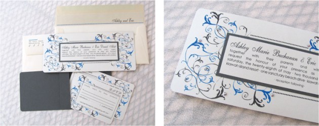 Turquoise blue and dark gray wedding invitation with crystals