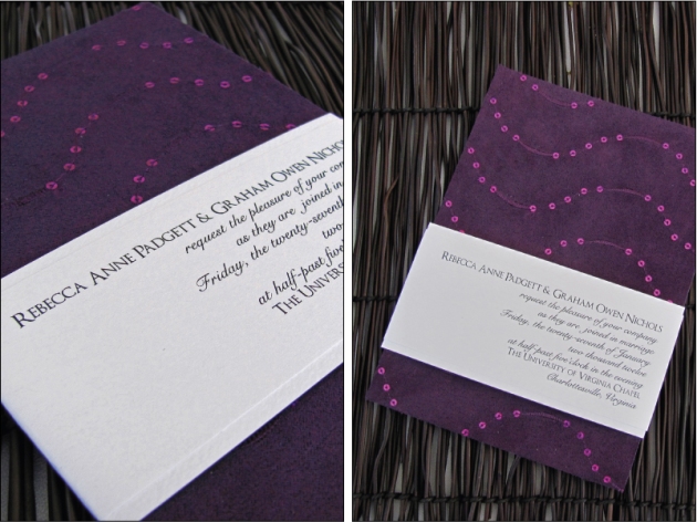 Eggplant purple wedding invitation with sequins