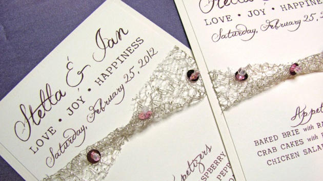 Pale gold and blush pink wedding menus with sequins