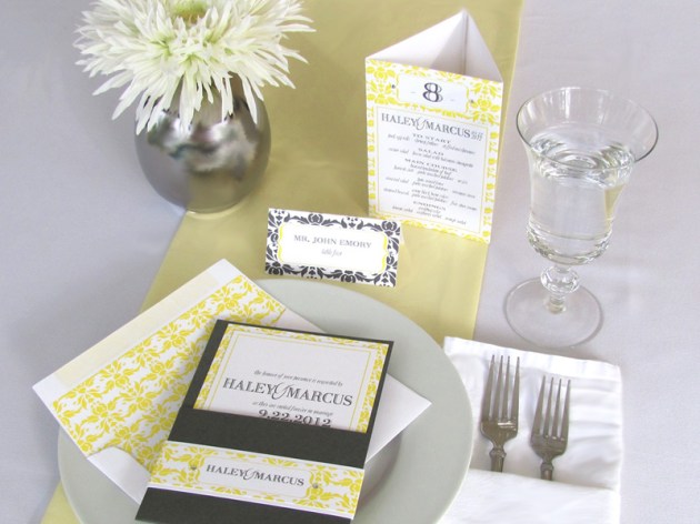 Yellow and graphite damask wedding invitation, menu, table number, and escort cards