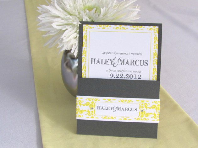 Yellow and graphite damask wedding invitation