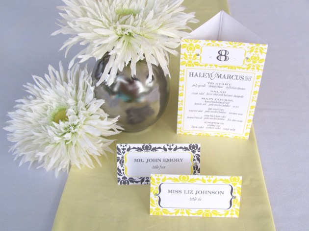 Yellow and graphite damask wedding reception menu, table number, and escort cards