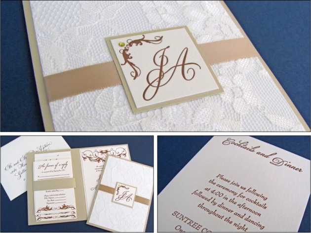 Lace letterpress wedding invitation in ivory, gold, and caramel