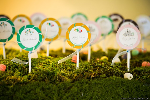 Candy land themed wedding table cards