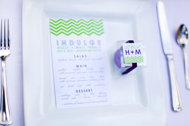 Dogwood Blossom Stationery, Wings of Glory, Mission Inn Resort, wedding menus, green chevron, modern