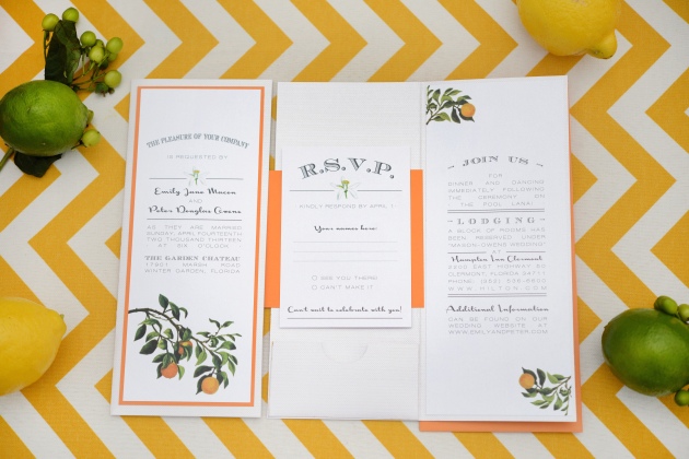 Orange wedding invitations created by Dogwood Blossom Stationery