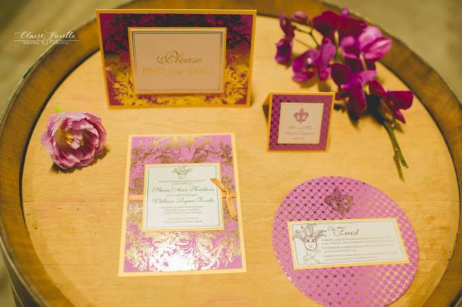 Radiant Orchid and Gold Custom Wedding Paper Goods, Dogwood Blossom Stationery