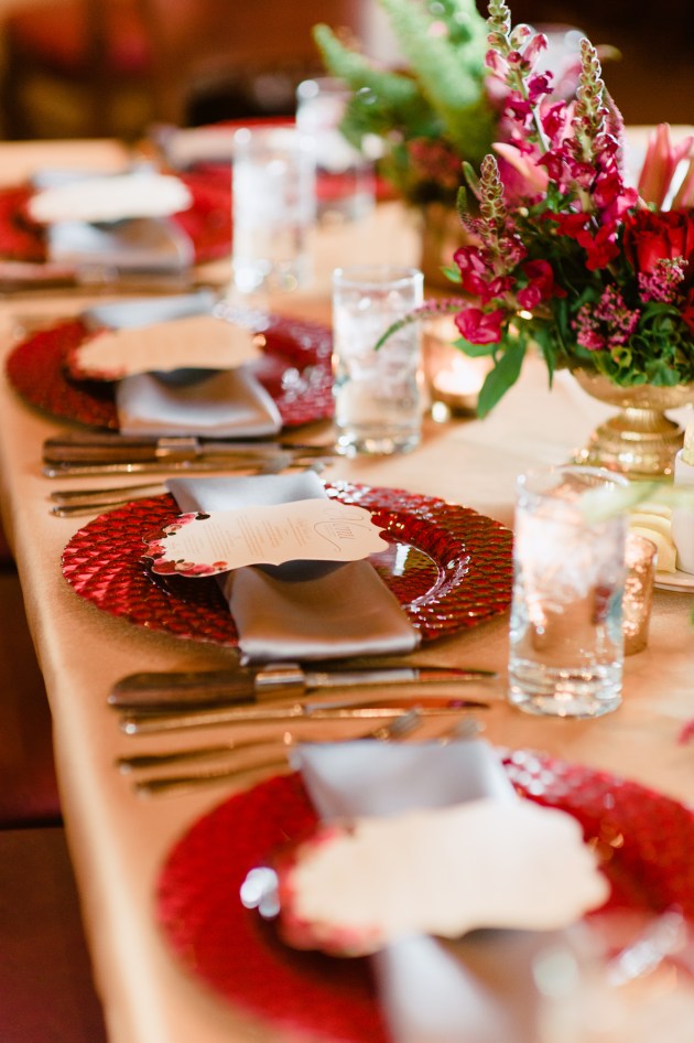 Errol Colon Photography, Dogwood Blossom Stationery, Orlando weddings, menus on red chargers