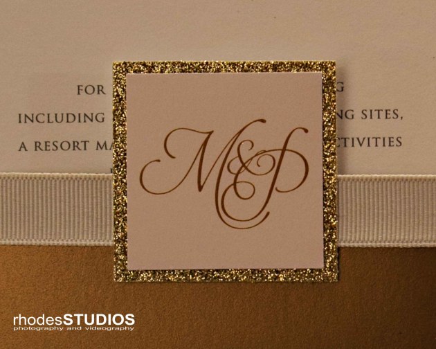 Rhodes Studios Photography, Dogwood Blossom Stationery, Mission Inn Resort, Orlando weddings, gold glitter invitation, custom monogram