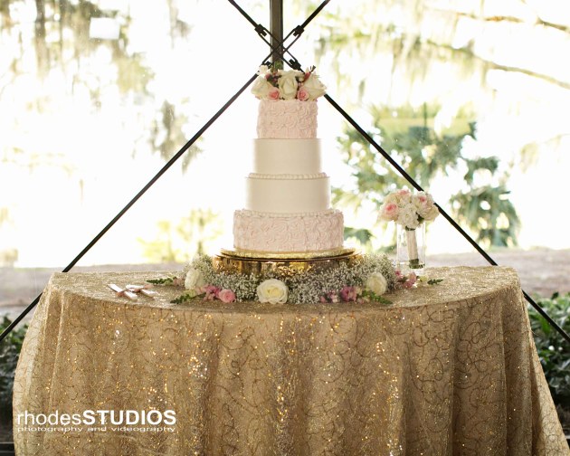 Rhodes Studios Photography, Dogwood Blossom Stationery, Mission Inn Resort, pink wedding cake, gold wedding linen