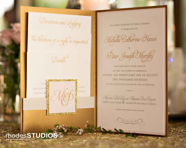 Rhodes Studios Photography, Dogwood Blossom Stationery, Mission Inn Resort, Wedding on the Water giveaway, gold and pink wedding invitation