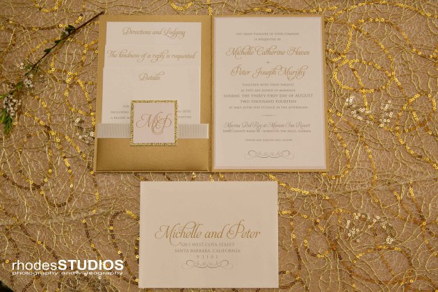 Rhodes Studios Photography, Dogwood Blossom Stationery, Mission Inn Resort, Wedding on the Water giveaway, gold wedding invitation