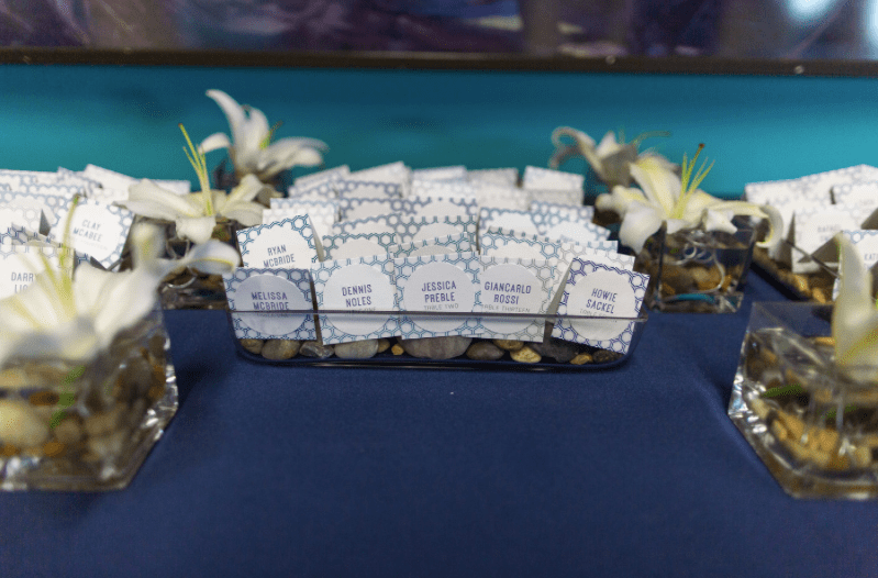 Thompson Photography Group, Orlando Science Center, Dogwood Blossom Stationery, Orlando weddings, blue wedding, custom escort cards