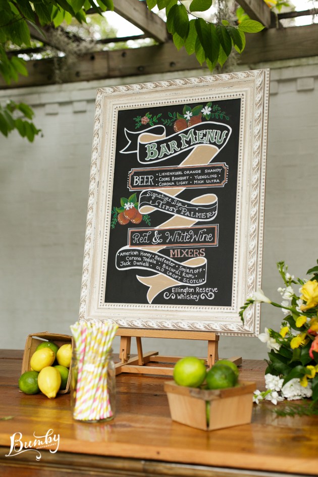 Bumby Photography, Peachtree House, Dogwood Blossom Stationery, Orlando, Citrus Wedding, Orange Wedding, Chalkboard Bar Sign