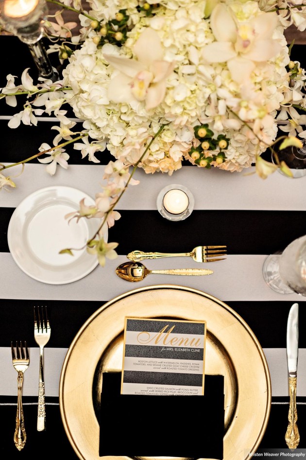 Dogwood Blossom, Kristen Weaver, Bride and Groom, Black White and Gold Menus, Glamorous Wedding. jpg