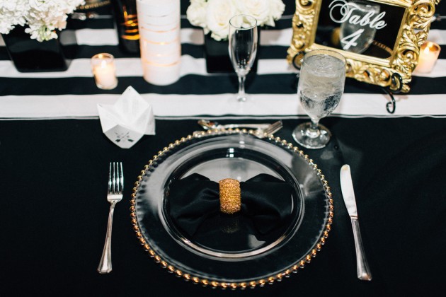 Gold Chargers, Black &amp; Gold Reception, Black and Gold Wedding, The Hons Photography, Omni Orlando Resort at ChampionsGate, Dogwood Blossom Stationery Event
