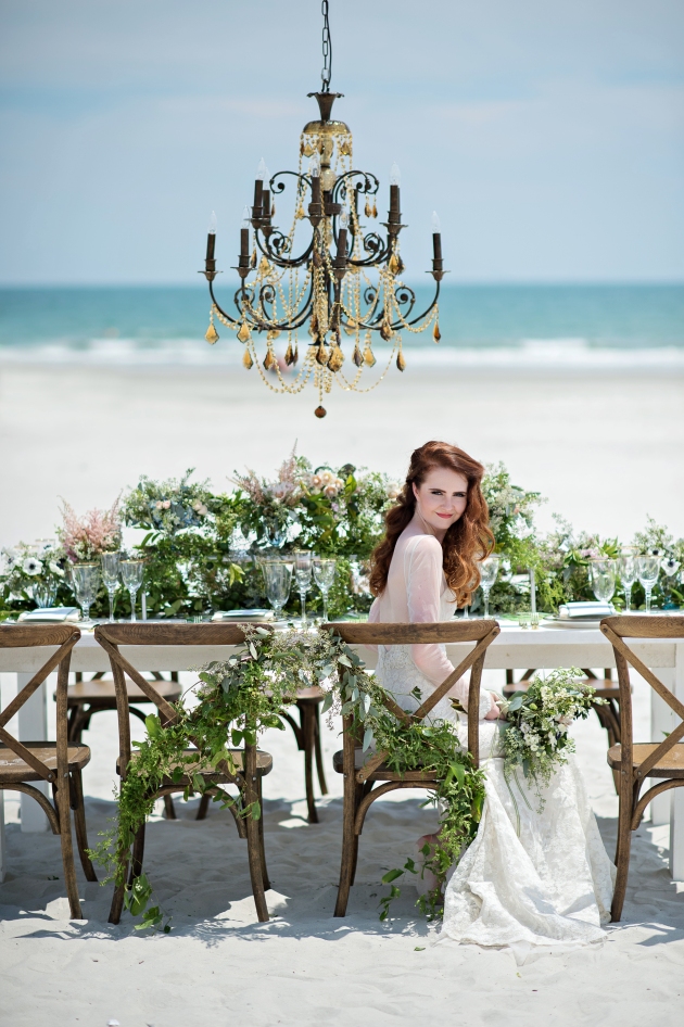 Bride at beach wedding reception