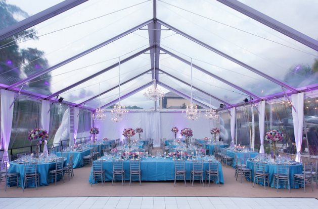 Clear tent - purple and blue wedding
